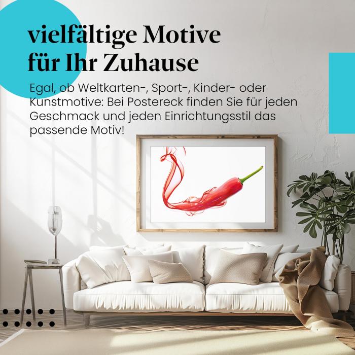 Stylisches Leinwandbild: Scharfe Verführung: Rote Chilischote mit aufsteigendem Rauch.