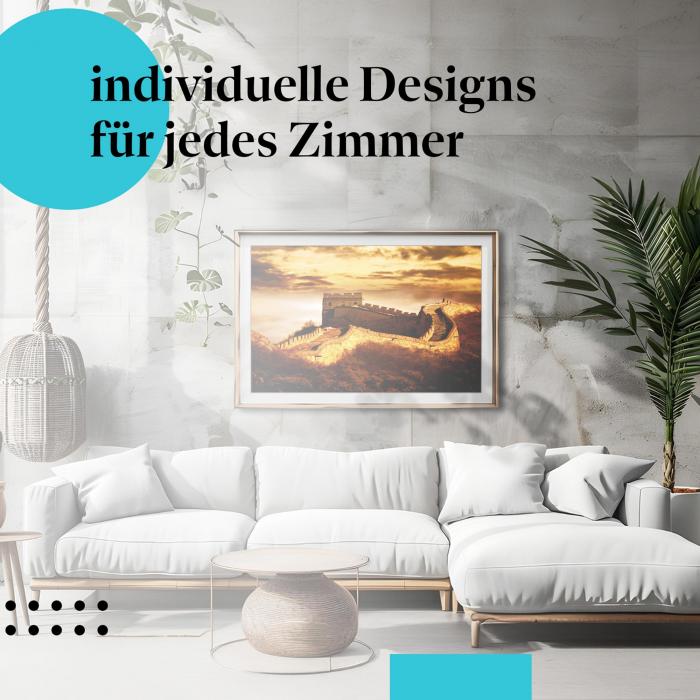 Schlafzimmer Deko: Modernes Schlafzimmer mit "Chinesische Mauer" Poster. Wanddeko für Reiseliebhaber.