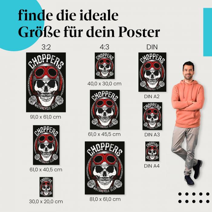 Wähle die ideale Postergröße: "Choppers Motorcycle Club" - Logo mit Totenkopf, Brille, Helm.