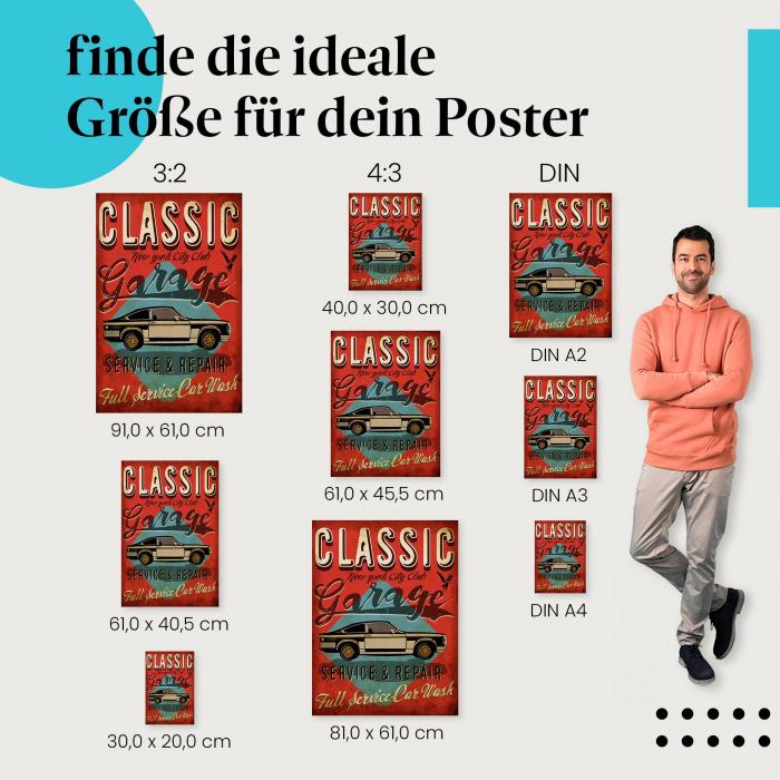 "Classic Garage" Poster - verschiedene Grössen für Werkstatt- und Oldtimer-Fans. Finde die passende Größe für deine Wand!