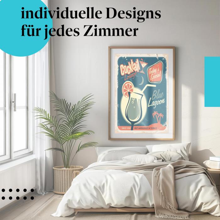 Schlafzimmer Deko: Modernes Schlafzimmer mit "Cocktail Lounge" Poster. Wanddeko für Bars.