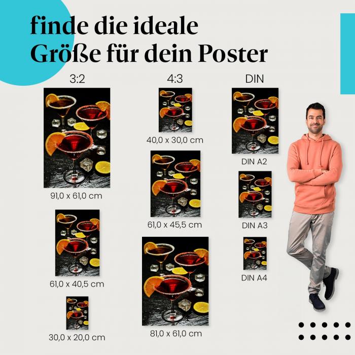 Finde die ideale Postergröße: Rote Cocktails, Orangenscheiben, Partystimmung.