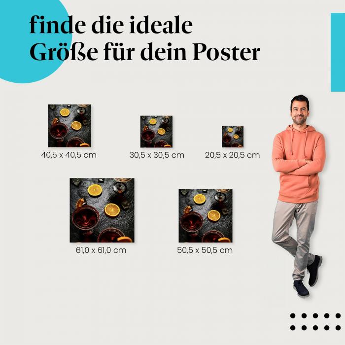 Cocktails, Poster: Gläser, Zuckerrand, Orangenscheiben, Eis, dunkel.