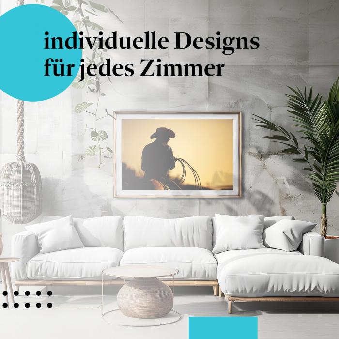 Schlafzimmer Deko: "Cowboy mit Lasso" Poster im minimalistischen Schlafzimmer. Wanddeko im Western-Stil.