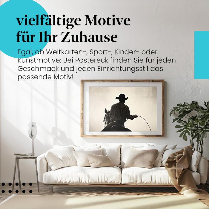 Stylisches Leinwandbild: Cowboy-Silhouette - Mit Lasso im Sonnenuntergang. Wanddeko für alle, die den Wilden Westen lieben.