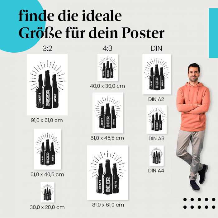 Wähle die ideale Postergröße: Craft Beer: Drei Flaschen, Retro-Stil, Strahlenkranz, "Craft, Beer, Here".