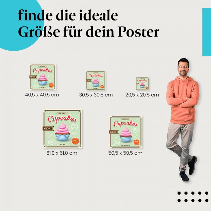 Wähle die ideale Postergröße: Retro-Plakat "Cupcakes" - für alle, die süße Leckereien lieben.