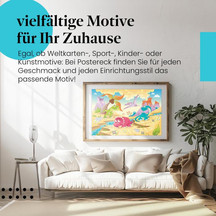 Dieses Leinwandbild mit den lustigen Dinosauriern bringt die Welt der Urzeit ins Kinderzimmer.