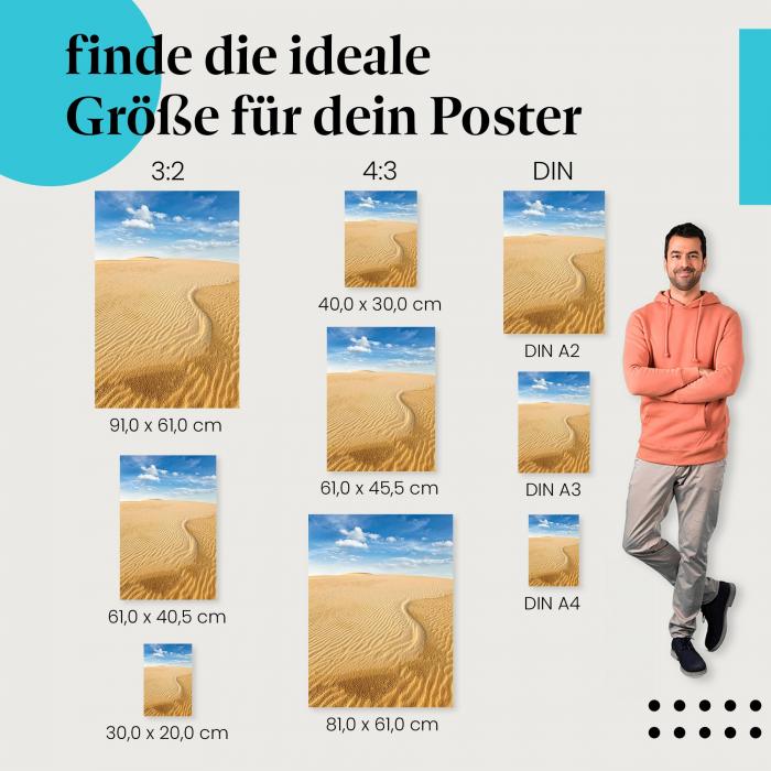 Finde die ideale Postergröße: Endlose Sanddünen, blauer Himmel, weißer Sand.