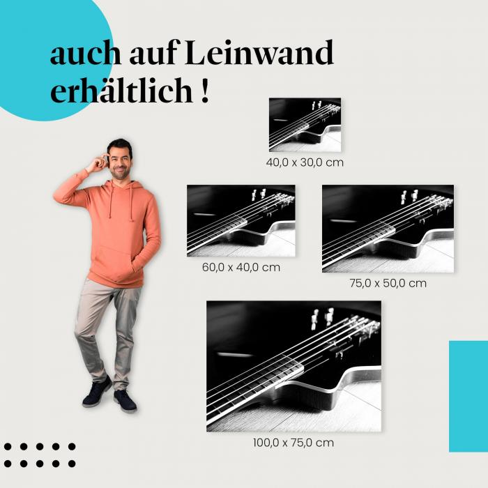 E-Bass: Leinwandbild. Saiten, schwarz-weiß, elegant.