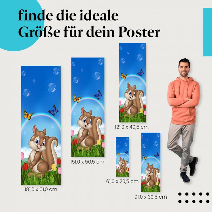 Wähle die ideale Postergröße: Ein süßes Cartoon-Eichhörnchen sitzt im Gras - fröhliche Stimmung für dein Kinderzimmer.