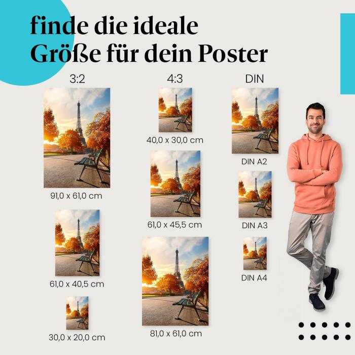 Entdecke die passende Postergröße: Eiffelturm im Herbst, bunte Bäume, Pariser Charme.