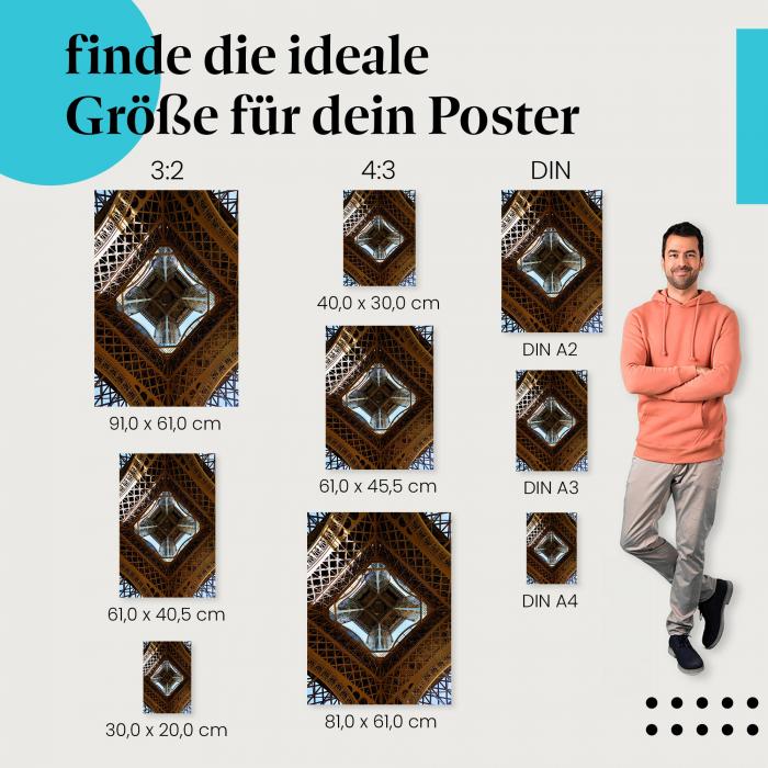 Entdecke die passende Postergröße: Eiffelturm, Stahlkonstruktion, geometrische Formen.