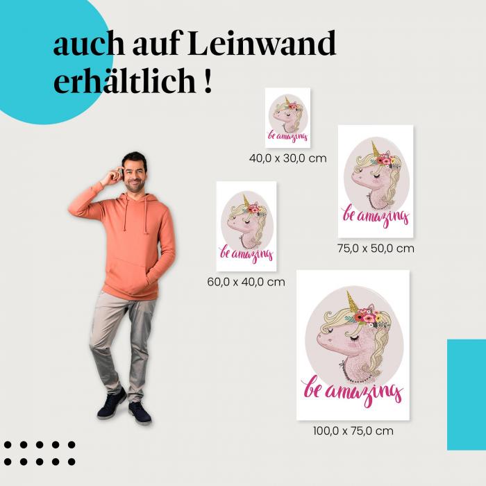 Einhorn: Leinwandbild. Blumenkranz, "Be Amazing".