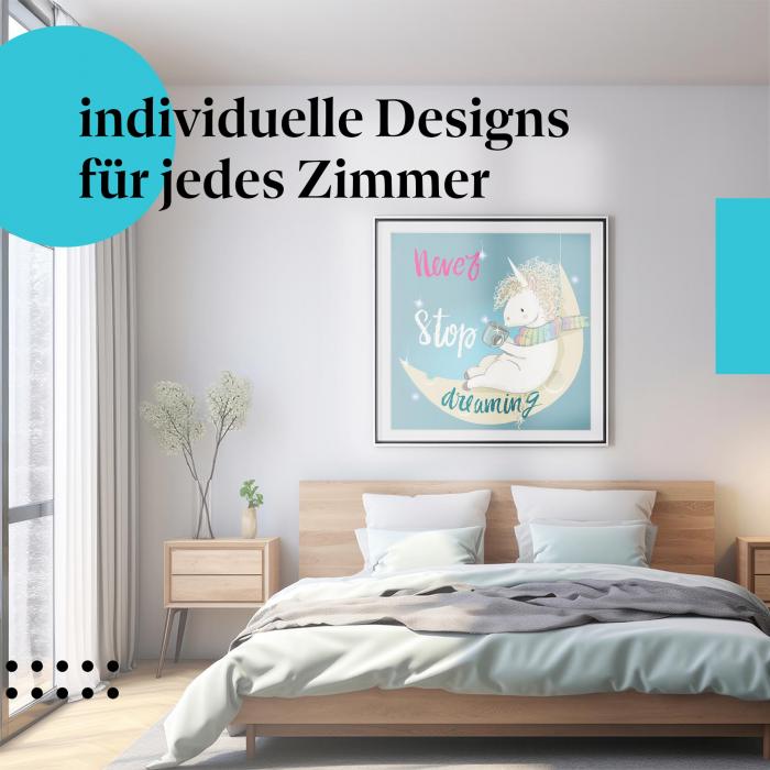 Schlafzimmer Deko: Verträumtes Schlafzimmer mit "Einhorn" Poster. Magische Deko für Einhorn-Fans.