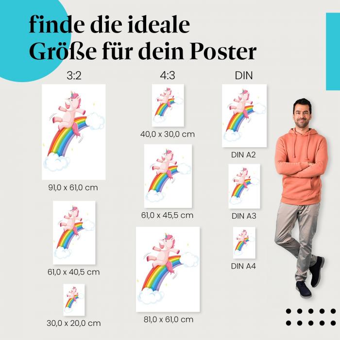 Wähle die ideale Postergröße: Lachendes Einhorn auf Regenbogen zwischen Wolken.