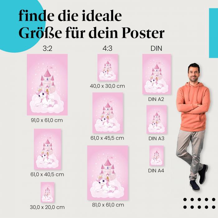 Wähle die ideale Postergröße: Einhorn auf Wolke vor rosa Schloss, Glitzer und Sterne.