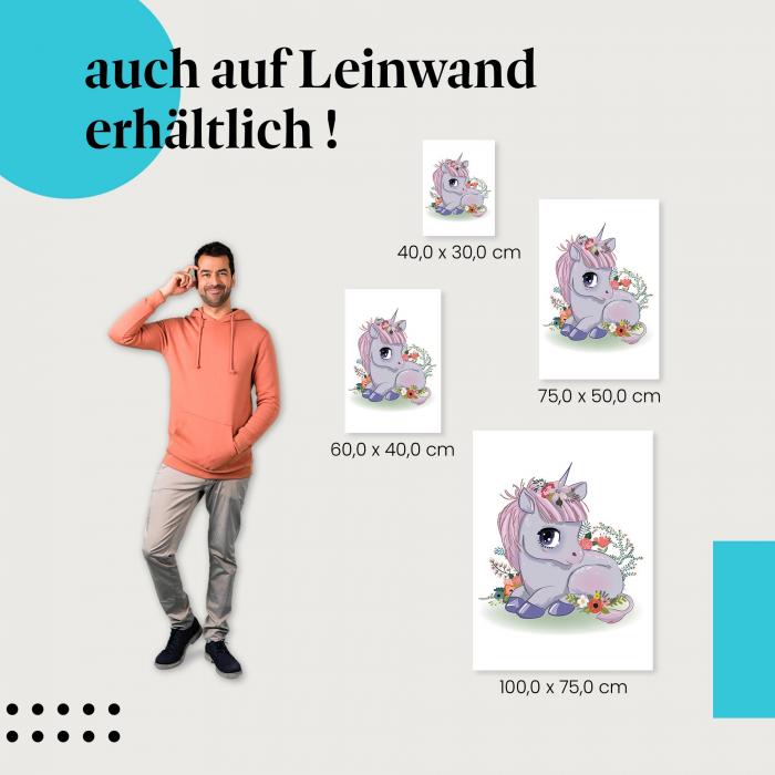 Einhorn: Leinwandbild. Fohlen, Blumenkranz, niedlich.