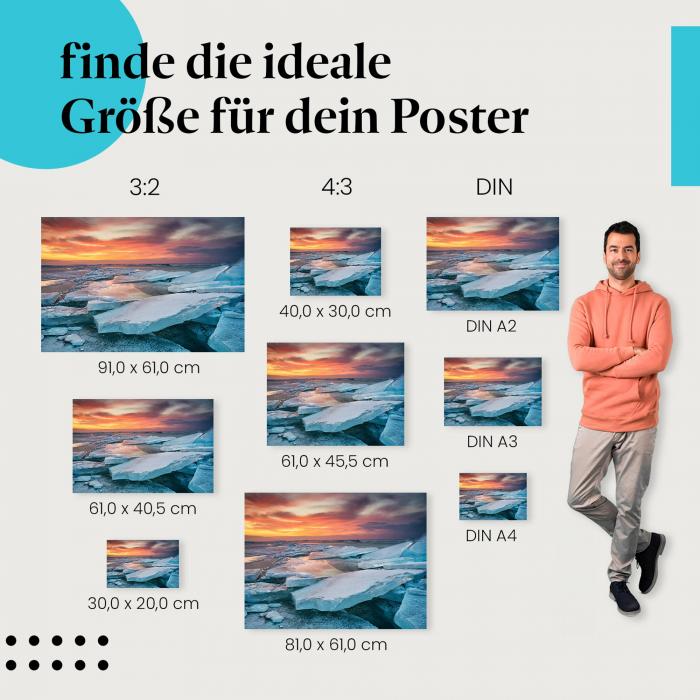 Entdecke die passende Postergröße: Sonnenuntergang, See, türkis, Eisschollen.