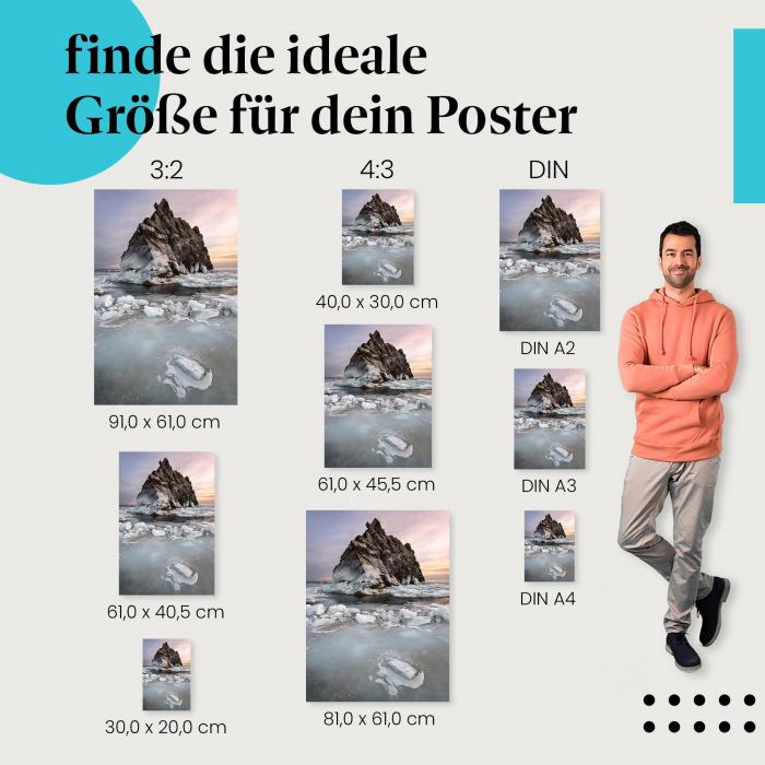 Finde die ideale Postergröße: Felsen im See, Eiszapfen, Sonnenuntergang, Pastelltöne.