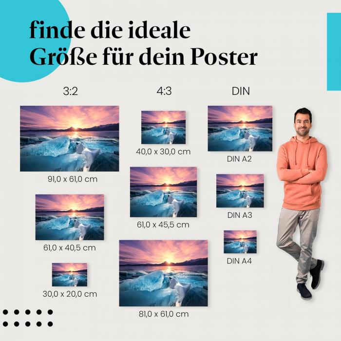 Eisblöcke, Poster: See, Berge, Sonnenuntergang.