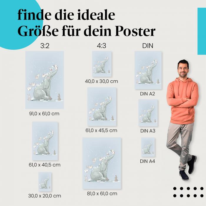 Elefant, Poster: Schnee, Hasen, Winter, verspielt.