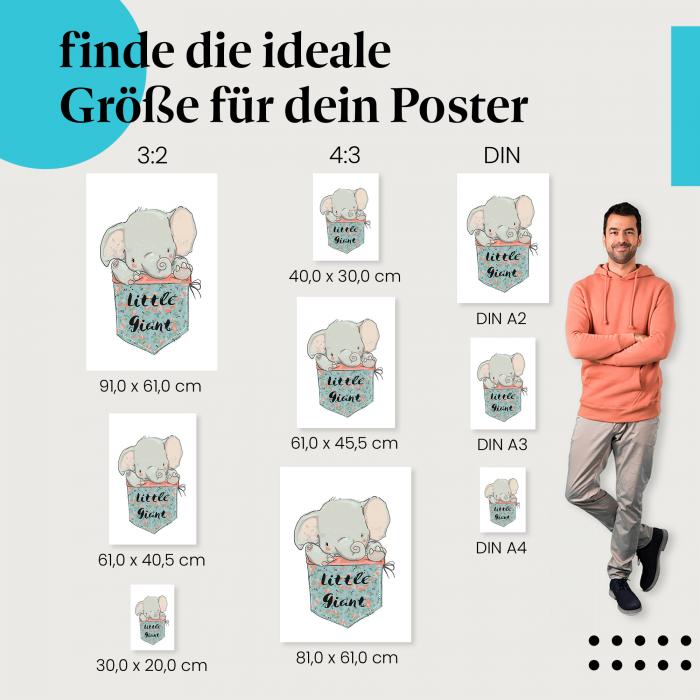 Elefant, Poster: "Little Giant", Tasche, Blumen.