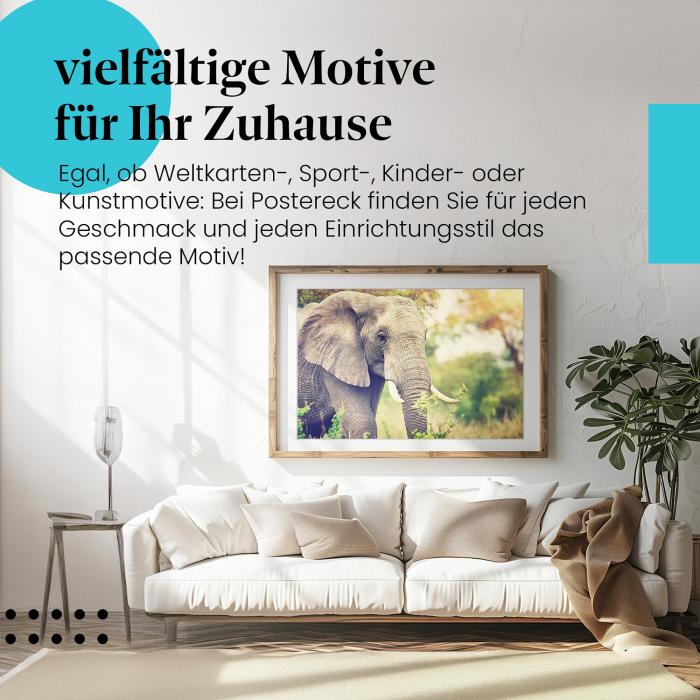 Dieses Leinwandbild mit dem Elefanten ist ein Hingucker und versprüht die Faszination der Tierwelt.