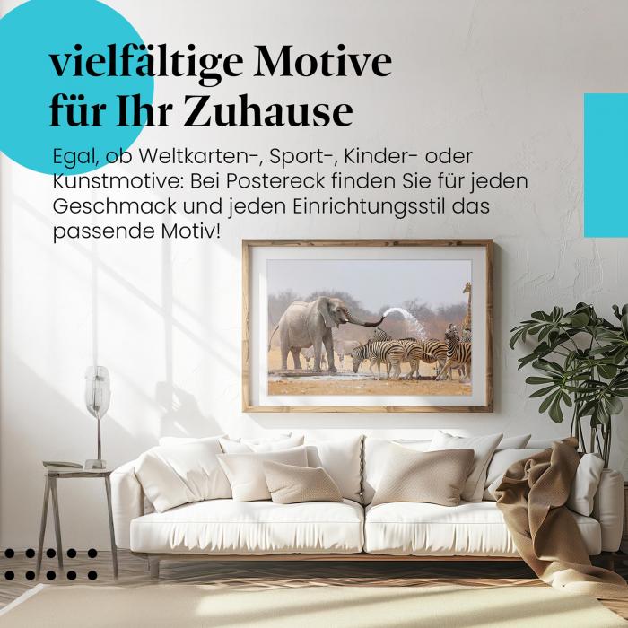 Stylisches Leinwandbild: Erfrischung am Wasserloch - Elefant und Zebras. Wanddeko für alle, die die Tierwelt lieben.