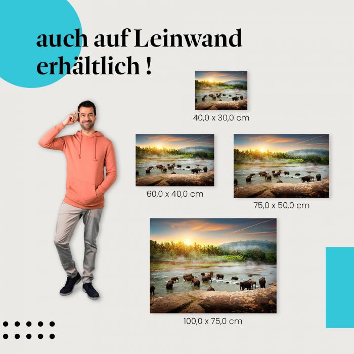 Elefanten: Leinwandbild. Fluss, Sonnenuntergang, Palmen. Wähle deine Größe!