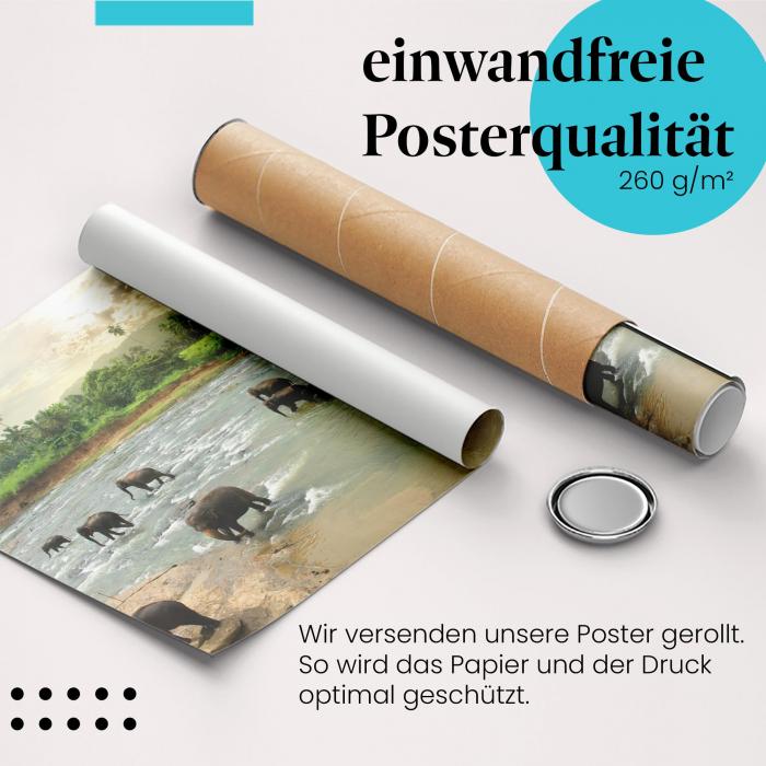 Gerolltes Poster "Elefanten am Fluss" - Tierische Erfrischung, sicher verpackt.