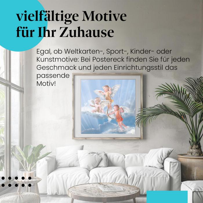 Stylisches Leinwandbild: Drei kleine Engel im Himmel. Wanddeko für alle, die Engelmotive lieben.