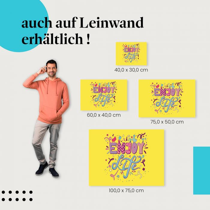 "Enjoy Life": Leinwandbild. Schriftzug, Vögel, Blumen, Lebensfreude.