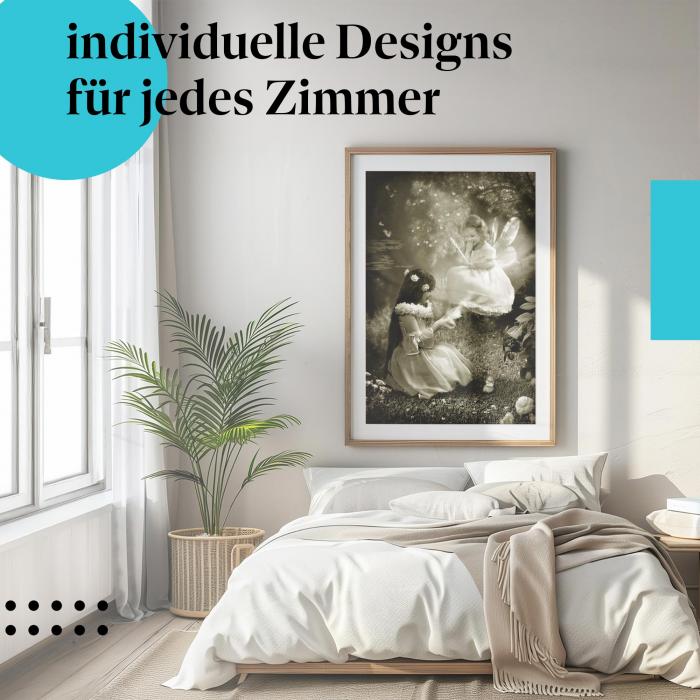 Schlafzimmer Deko: Modernes Zimmer mit "Fee im Garten" Poster. Märchenhafte Wanddeko.