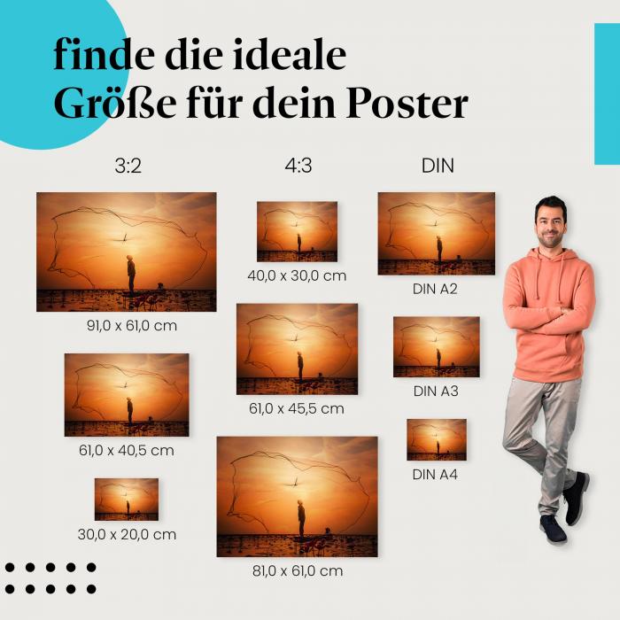 Entdecke die passende Postergröße: Fischer im Boot, Sonnenaufgang, Fischernetz.