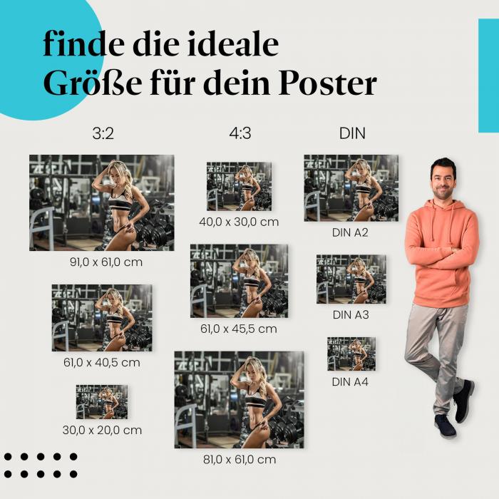 Fitness, Poster: Frau, Muskeln, selbstbewusst, Disziplin.