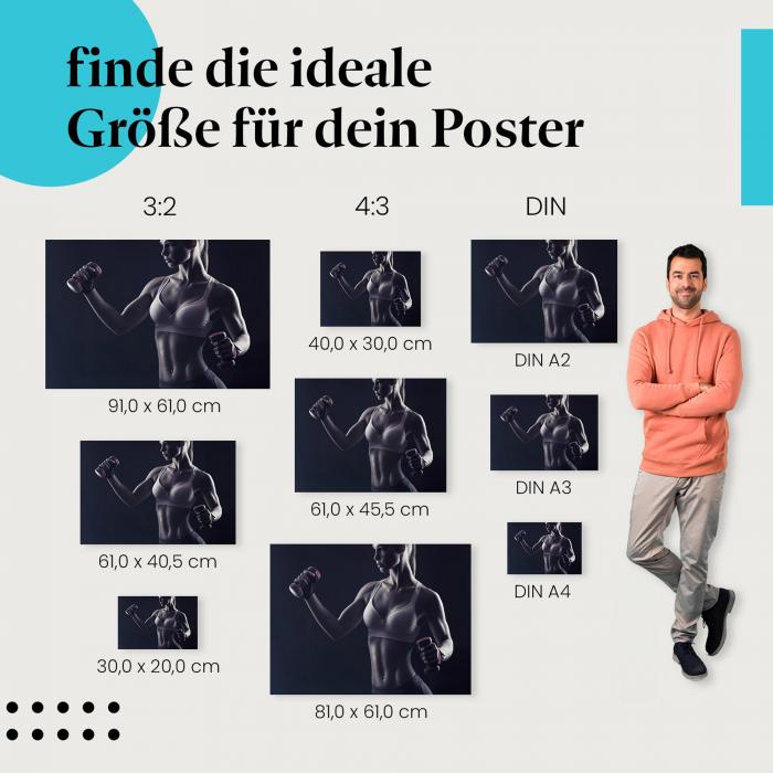 Entdecke die passende Postergröße: Sportliche Frau, Hanteln, Fitness, muskulös.