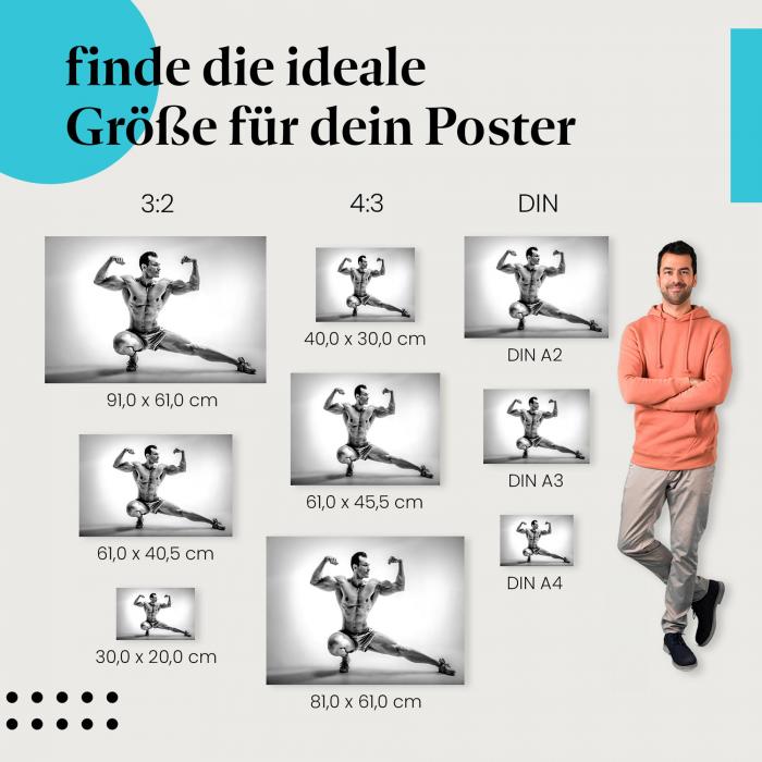 Fitness, Poster: Mann, Muskeln, schwarz-weiß, athletische Pose.