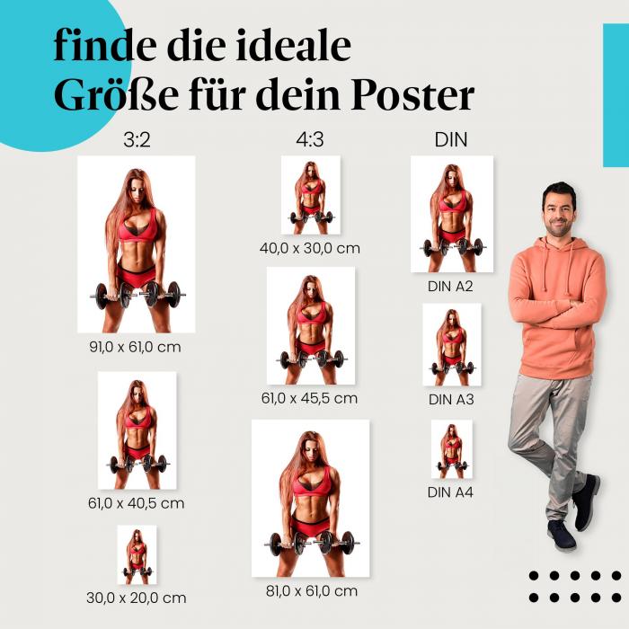 Fitness, Poster: Frau, Hanteln, rot, Muskeln.