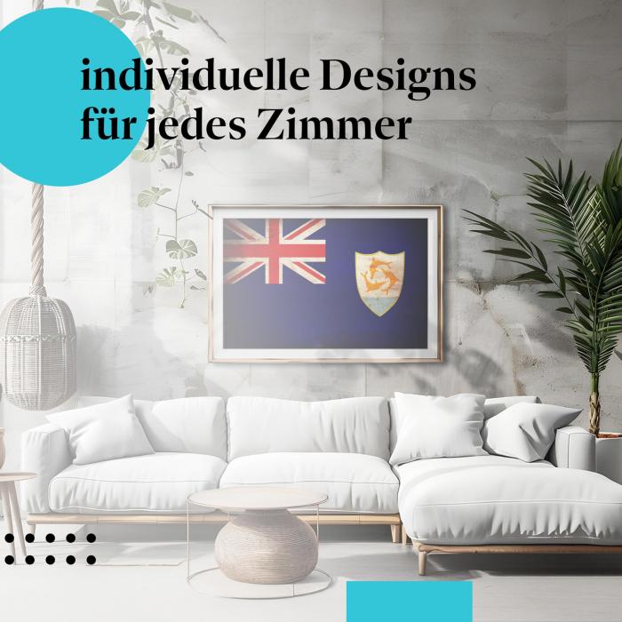 Schlafzimmer Deko: "Anguilla Flagge" Poster im minimalistischen Schlafzimmer. Wanddeko mit Wappen.