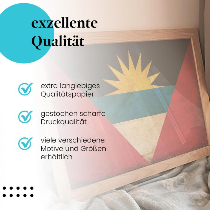 Gerahmtes Wandbild "Antigua & Barbuda Flagge" - Vintage. Hochwertig gedruckt, langlebig. Verschiedene Motive und Größen.