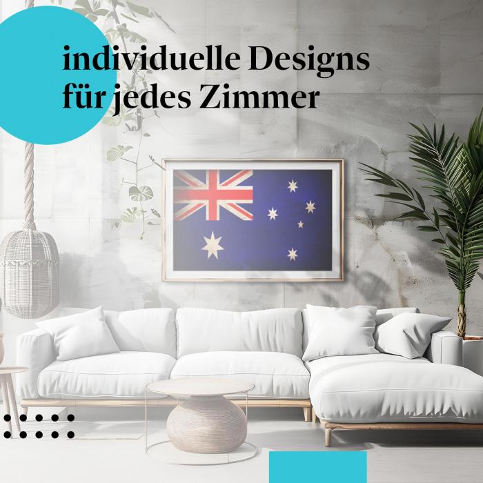 Schlafzimmer Deko: Minimalistisches Zimmer mit "Australien Flagge" Poster. Wanddeko im Vintage-Stil.