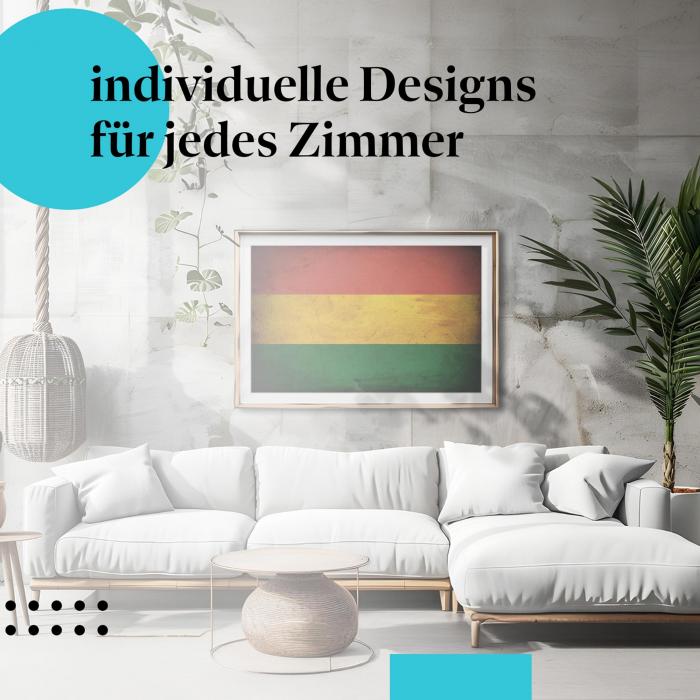 Schlafzimmer Deko: Modernes Schlafzimmer mit "Bolivien Flagge" Poster. Wanddeko im Used-Look.