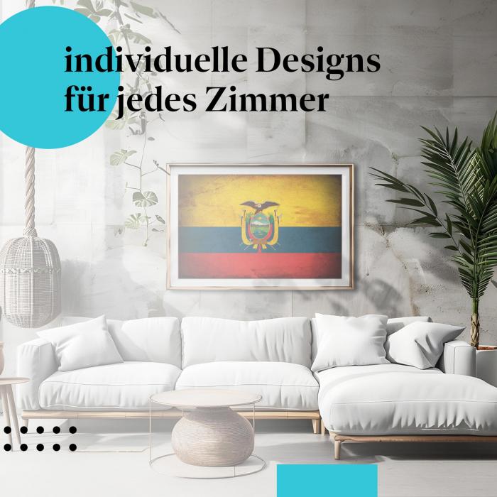 Schlafzimmer Deko: "Ecuador Flagge" Poster im minimalistischen Schlafzimmer. Wanddeko mit Wappen.