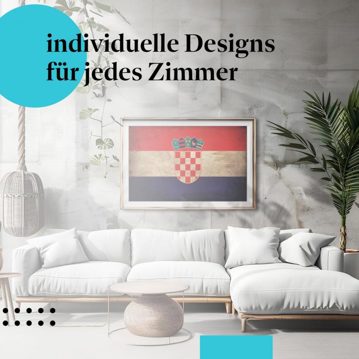 Schlafzimmer Deko: Minimalistisches Zimmer mit "Kroatien Flagge" Poster im Vintage-Stil. Wanddeko für Kroatien-Fans.