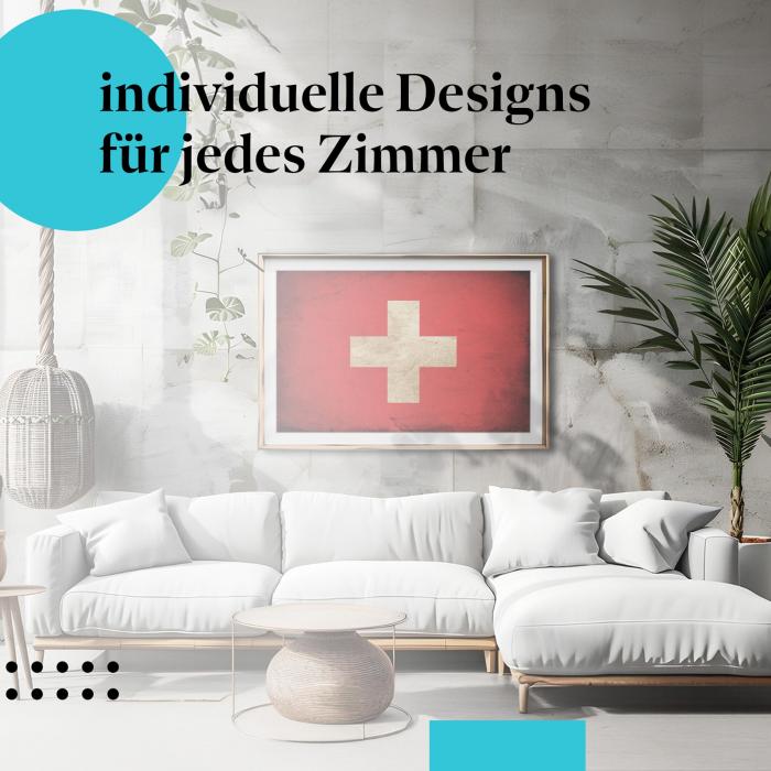 Schlafzimmer Deko: Modernes Zimmer mit "Schweiz Flagge" Poster im Vintage-Stil. Wanddeko für Schweiz-Fans.