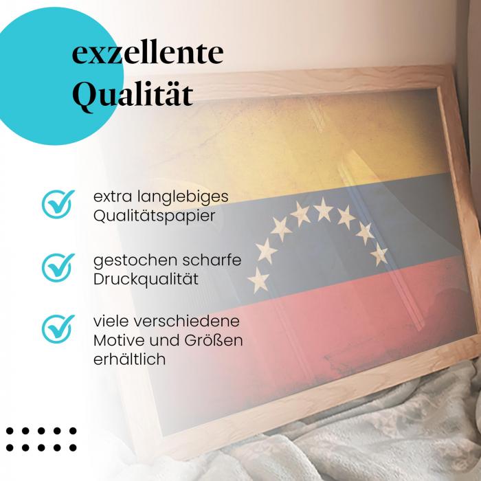 Gerahmtes Wandbild "Venezuela Flagge" - Vintage, Sterne am Horizont, langlebiger Druck, verschiedene Größen.