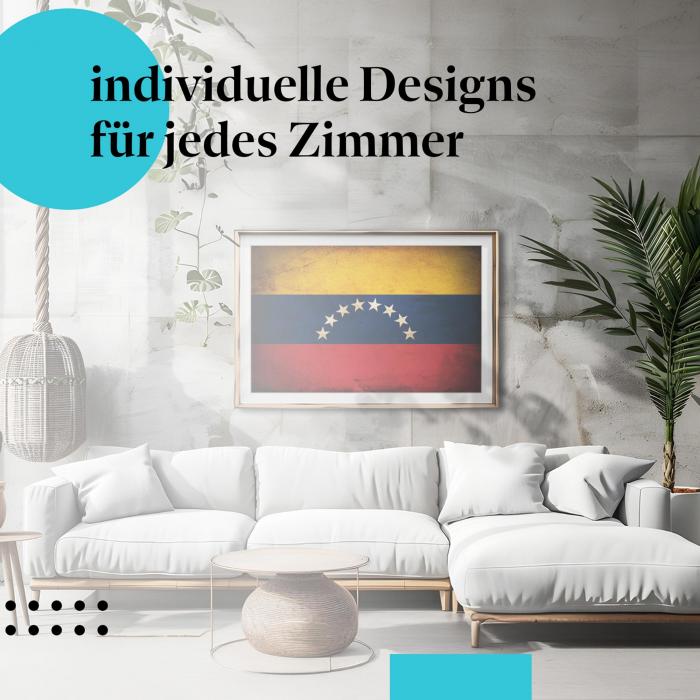 Schlafzimmer Deko: Modernes Schlafzimmer mit "Venezuela Flagge" Poster. Wanddeko mit Sternen.