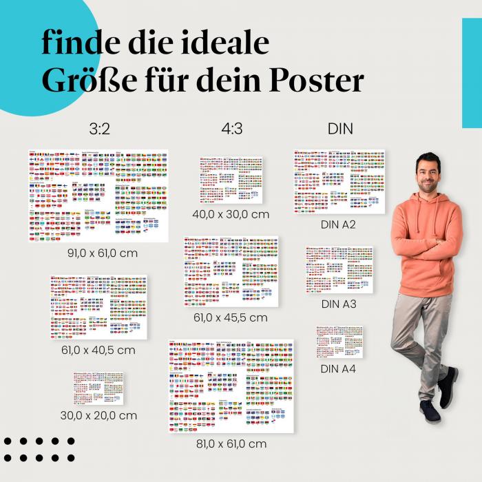 Finde die ideale Postergröße: Übersicht aller Flaggen der Welt, sortiert nach Kontinenten.