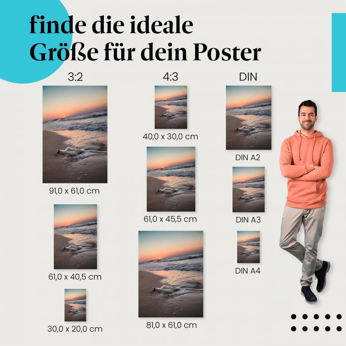 Flaschenpost, Poster: Strand, Sonnenuntergang, Meer.